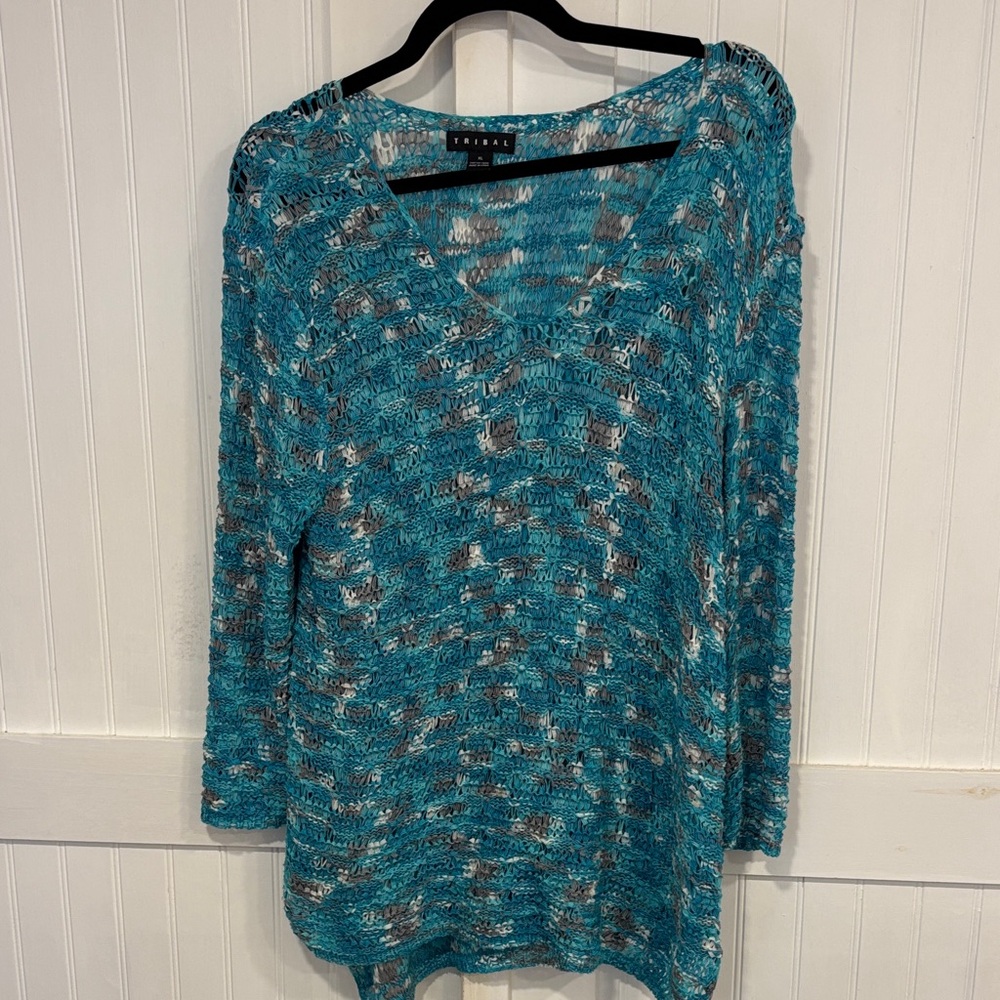 Tribal teal Blue & white open knit, long sleeved top/cover-up size XL